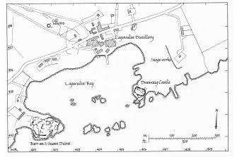 Dunyvaig Castle, Lagavulin Bay, Islay.
Copy of publication map showing location.
Ink. Scale 1:1000