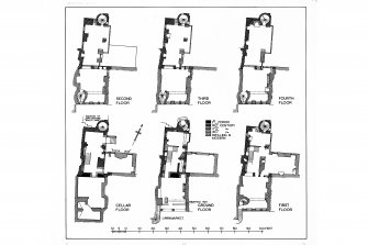 Photographic copy of floor plans - Cellar to Fourth Floor showing building dates.
RCAHMS drawing - Inv.art.14, fig.225.