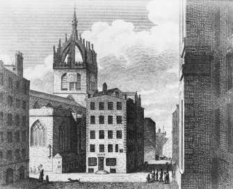 Engraving of the Luckenbooths beside St Giles' Cathedral, Edinburgh. Since demolished.