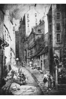 Photograph of drawing/painting showing general view of Fleshmarket Close in Mid 19th Century