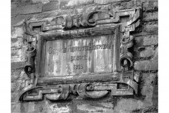 Detail of wall plaque inscribed "George Heriot's Hospital School 1839" above East doorway