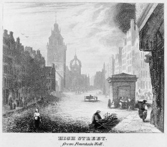 Edinburgh, general.
Digital image of an engraved view uphill from Fountain Well showing the old steeple of Tron Church and crown of St Giles Cathedral in distance.
Copied from illustrations around the edge of a plan of 1827.