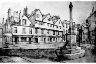 Huntly House
Photographic copy of pencil drawing showing 142 - 154 Canongate and Burgh Cross from North East