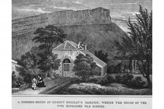 Photograph of engraving showing view of the Summer House in the garden of Moray House, insc: 'A Summer House in Regent Murray's Garden, where the Union of the two Kingdoms was signed.'
Copied from Charles Brodie Boog Watson "Some Notes on Moray House, Edinburgh", 1915