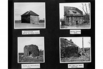 Photographic copy of page of Doocot Photo Album containing four photographs of different dovecots:
Insc: 'Borrowfield. Brick on stone base.', 'Hatton House, 1600', 'Barns of Wedderburn, 1954', 'All that is left, Aniston, 1958'.