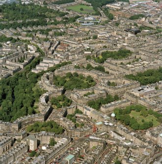 Oblique aerial view, taken from the SSW, centred on Moray Place, Edinburgh and with the New Town visible across much of the photograph.
