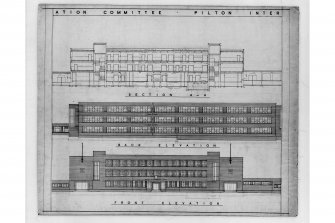 Telford College, Crewe Road.
Formerly Ainslie Park School.
Photographic copy of cross section, back elevation, and front elevation.
Executed in ink.
