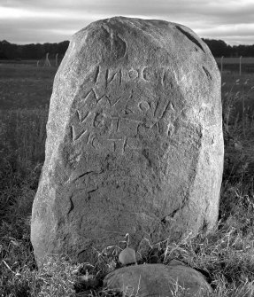 View of inscribed east face of the Cat Stane.