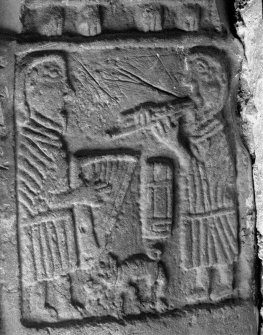 General view of Pictish cross-slab carving re-used as stair lintel, Lethendy Tower.