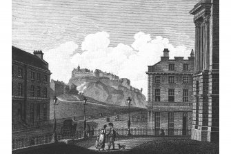 Copy of engraved view from the General Register House showing Edinburgh Castle and Pools Hotel (10 Princes Street), inscr; 'REGISTER OFFICE'