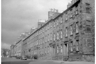View of the East side of George Square, Edinburgh, including the buildings later demolished to make way for the William Robertson Building, seen from the South West.