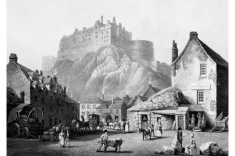 Aquatint view of Edinburgh Castle from the Grassmarket
Inscr; 'F. Nicholson delt. Pub. by R. Bowyer & M. Parkes, Pall Mall. 13'
Labelled verso: 'Mawson, Swan and Morgan, Printsellers, Newcastle'
Unsigned, 18 1/4" x 21 1/2"

