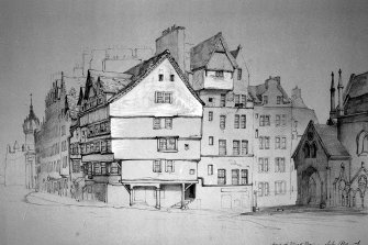 Copy of drawing by James Drummond showing corner of Lawnmarket and Head of Upper Bow.