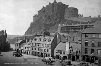 View of Edinburgh Castle and nos 1 and 10 - 28 Grassmarket including the Black Bull Inn, Carriers Warehouse, a tobacco and snuff manufacturer and W Caldwell Clydesdale
Insc: 'Edinburgh Castle From The Grass-Market.   252. GWW.'
