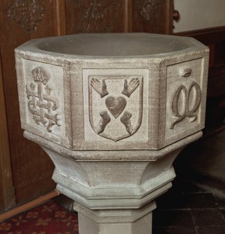 Font from Kinkell Old Parish Church now in St John's Episcopal Church, Aberdeen.
Detail of panel displaying the Arma Christi.