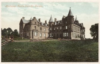 Photographic view  of Buchanan Castle (tinted postcard, Valentine) insc: 'Buchanan Castle from the Garden'