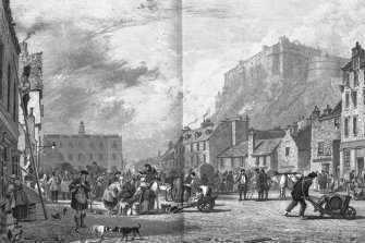 Edinburgh Castle; Edinburgh, Grassmarket, General
Photographic copy of engraving showing Edinburgh Castle from the Grassmarket
Copied from 'Views In Scotland'. Drawn by A W Calcott, R.A.; The figures etched by G. Cooke; Engraved by H. Le Reux. Insc. 'The Castle from the Grass Market'.