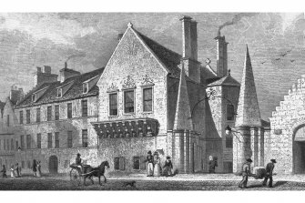Edinburgh, 174 Canongate, Moray House
Photographic copy of engraving showing Regent Murray's house in the canongate
Copied from 'Views In Scotland'. Drawn by Thomas H Shepherd; Engraved by James B Allen. Insc. 'Regent Murray's House, in the Canongate, Edinburgh'.