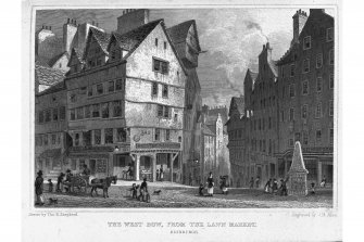 Photographic copy of engraving showing West Bow from the Lawnmarket
Copied from 'Views In Scotland'. Drawn by Thomas H Shepherd; engraved by J B Allen. Insc. 'The West Bow, from the Lawn Market, Edinburgh'.