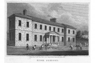 Edinburgh, High School Yards, Royal High School of Edinburgh
Photographic copy of engraving showing main entrance front of Royal High School
Copied from 'Views in Edinburgh and its Vicinity, Volume 2'. Insc. 'High School. Drawn, Eng.d & Pub.d by J & HS Storer, Chapel Street, Pentonville. June 1, 1819'