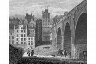 Edinburgh, North Bridge, General.
Photographic copy of engraving showing North Bridge from below.
Copied from 'Views in Edinburgh and its Vicinity, Volume 2'. Insc. 'North Bridge. Drawn, Eng.d & Pub.d by J & HS Storer, Chapel Street, Pentonville, July 1 1818'.