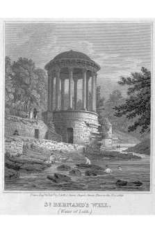 Edinburgh, St Bernard's Well
Photographic copy of engraving showing St Bernard's Well from the Water of Leith
Copied from 'Views in Edinburgh and its Vicinity, Volume 2'. Insc. 'St. Bernard's Well. (Water of Leith). Drawn, Eng.d & Pub.d by J & HS Storer, Chapel Street, Pentonville, Nov. 1 1819'