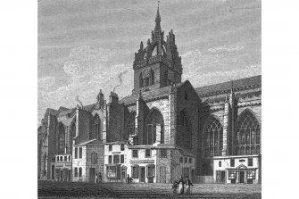 Edinburgh, High Street, St Giles' Cathedral
Photographic copy of engraving showing south side of St Giles' Cathedral
Copied from 'Views in Edinburgh and its Vicinity, Volume 2'. Insc. 'St. Giles's Church, (South Side). Drawn, Eng.d & Pub.d by J & HS Storer, Chapel Street, Pentonville, Oct.r 1 1819'