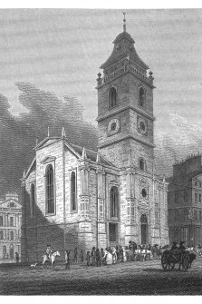 Engraving of Tron Church, High Street, Edinburgh showing the original steeple. Copied from 'Views in Edinburgh and its Vicinity, Volume 2'. Insc. 'The Tron Church. Drawn, Eng.d & Pub.d by J & HS Storer, Chapel Street, Pentonville, April 1 1820'