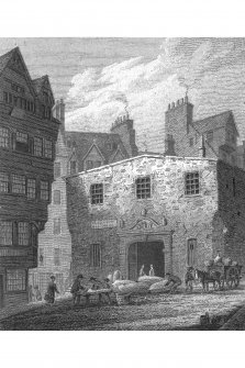 Edinburgh, Lawnmarket, Weigh House
Photographic copy of engraving showing main entrance to Weigh House
Copied from 'Views in Edinburgh and its Vicinity, Volume 2'.
