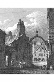 Edinburgh, Canongate, Water Gate
Photographic copy of engraving showing original Water Gate
Copied from 'Views in Edinburgh and its Vicinity, Volume 2'. Insc. 'Water Gate. Drawn, Eng.d & Pub.d by J & HS Storer, Chapel Street, Pentonville, Oct.r 1 1820'