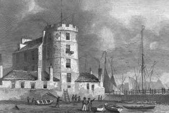 Edinburgh, Tower Street, Leith Signal Tower
Photographic copy of engraving showing the Signal Tower in Leith Harbour
Copied from 'Modern Athens'. Insc. 'The Signal Tower, Leith Harbour. Drawn by Tho. H Shepherd. Engraved by J Henshall'