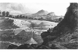 Edinburgh, Craigleith Quarry
Photographic copy of engraving showing general view of Craigleith Quarry
Copied from 'Modern Athens'. Insc. 'The Stone Quarries, Craigleith, near Edinburgh. From which the New town was built. Drawn by Tho. H Shepherd. Engraved by W Wallis'