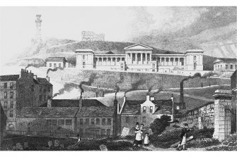 Edinburgh, Regent Road, Royal High School
Photographic copy of engraving showing Royal High School from the Canongate
Copied from 'Modern Athens'. Insc. 'New High School, Calton Hill, from the Canon-gate Church Yard. Edinburgh. Drawn by Tho. H Shepherd. Engraved by J Henshall'