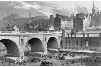 Edinburgh, North Bridge, General; Market Street, Fruit and Vegetable Market; Market Street, Fishmarket
Photographic copy of engraving showing general view of vegetable and fish markets below North Bridge.
Copied from 'Modern Athens'. Insc. 'Vegetable and Fish Market, from the 'Rainbow' Gallery. Edinburgh. Drawn by Tho. H Shepherd. Engraved by E Stalker'