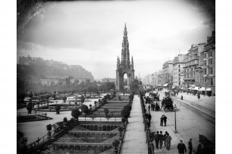 View from Waverley gardens looking west also showing the Castle, National Gallery and Scott Monument, inscr; 'PRINCES STREET & CASTLE. EDINBR'
