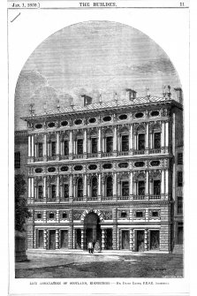 Photographic copy of engraved view of facade of Life Association building.