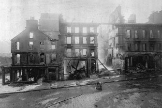 The remains of burnt out buildings on the site of Jenners Department Store, South St David Street, Edinburgh.