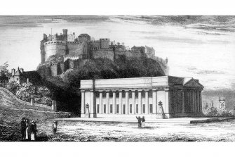 Edinburgh, The Mound, The Royal Academy.
Photographic copy of an engraved view of "Castle and Royal Institution from North east"
Illustration from around the edge of a plan of 1827.