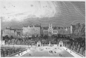 Engraving of The Mound, Edinburgh showing New College. Titled: 'Mr Trotter of Dreghorns Plan for Improving the Mound'.