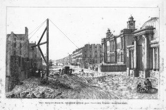 View of Waterloo Place during construction. 
Inscribed: 'The Regent Bridge, Register Office and Princes Street from the East'.