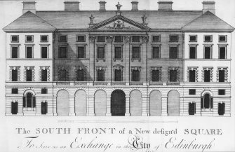 Edinburgh City Chambers, engraved elevation to High Street. Frontispiece to "Contract of Agreement for Building an Exchange"
Delt.  J Fergus