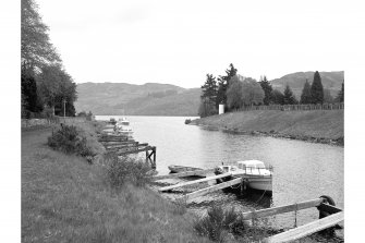 View of moorings and lighthouse, Caledonian Canal, Fort Augustus.