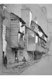 Photographic copy of pencil sketch, insc: 'Dunbar's Close 17 June 1852 - JD'.  Mount insc: 'James Drummond, Old Edinburgh'.