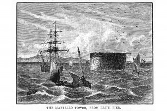Martello Tower.
Photographic copy of print showing view of tower and boats.
Titled: 'The Martello Tower, From Leith Pier.'