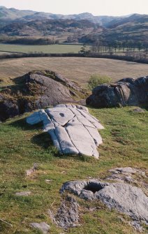 Scan of Ian Fisher slide, general view of Dunadd fort.