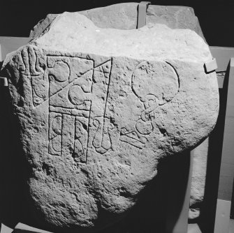 View of face of Clynemilton no.2 Pictish symbol stone in Dunrobin Museum.