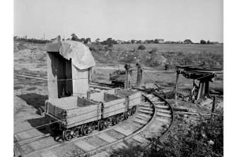 View of wagons and pulley system of cable railway.
