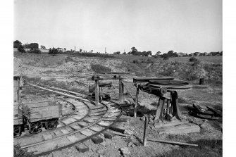 View of wagons and pulley system of cable railway.