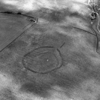 Huntly Burn, oblique aerial view, taken from the SW, centred on the cropmarks of two settlements, and an area of rig and furrow cultivation.