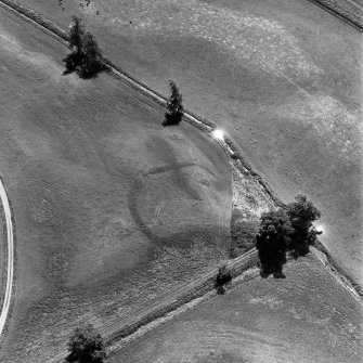 Monzie, oblique aerial view, taken from the NNW, centred on the cropmarks of a settlement and palisaded settlement.